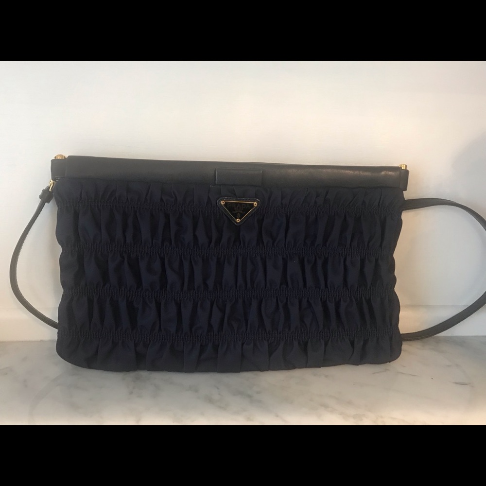 Prada Navy Ruffle Clutch with Strap